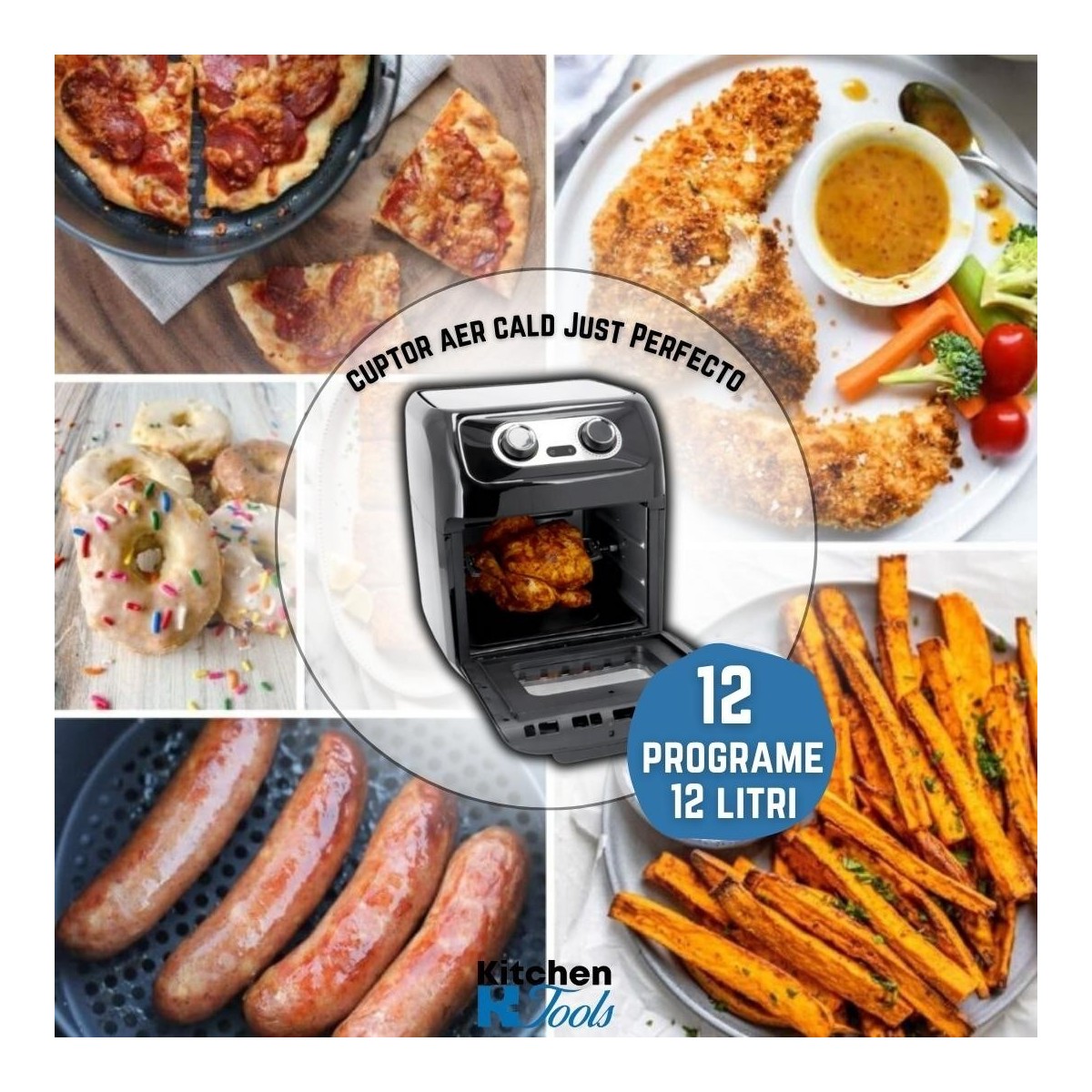 Airfryer XXL 12 в 1, 3 зони за готвене, 1800W, 12 литра, 12 програми, 7 аксесоара, 200°C, таймер 60 минути