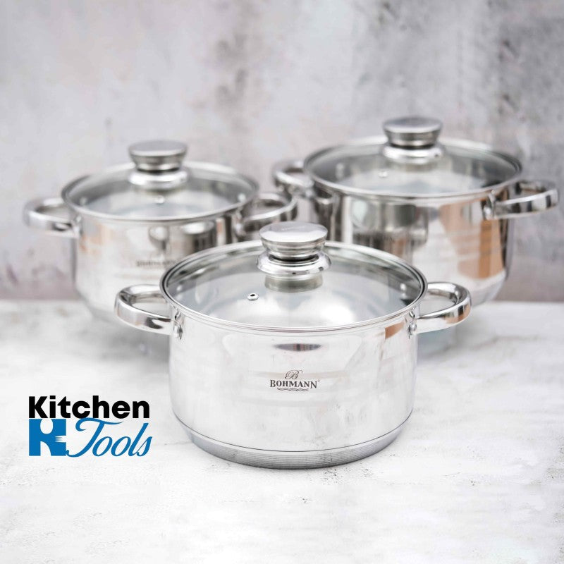 Комплект от 3 тенджери от неръждаема стомана с капак, 2.9л, 3.9л, 5.1л, Bohmann