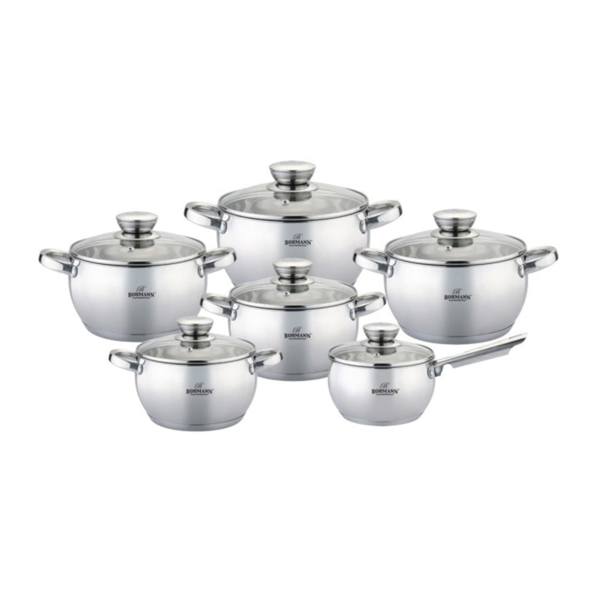 Комплект от 12 части - тенджери от неръждаема стомана с капак, 2.1л, 2.1л, 2.9л, 3.9л, 5.1л, 6.6л, Bohmann