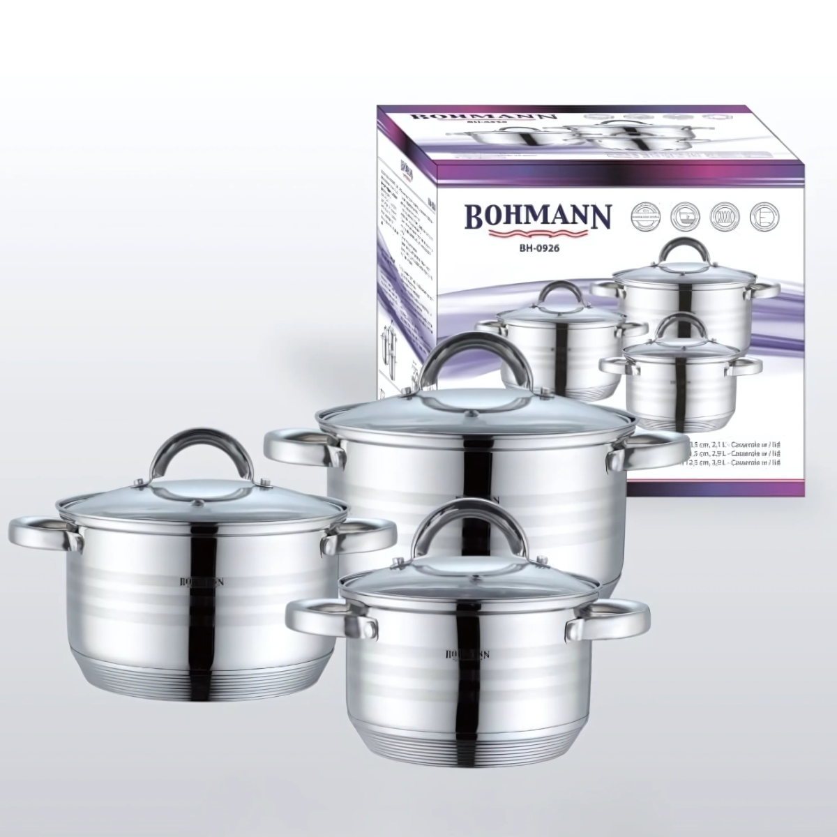Комплект от 3 тенджери от неръждаема стомана с капак, 2.1л, 2.9л, 3.9л, Bohmann
