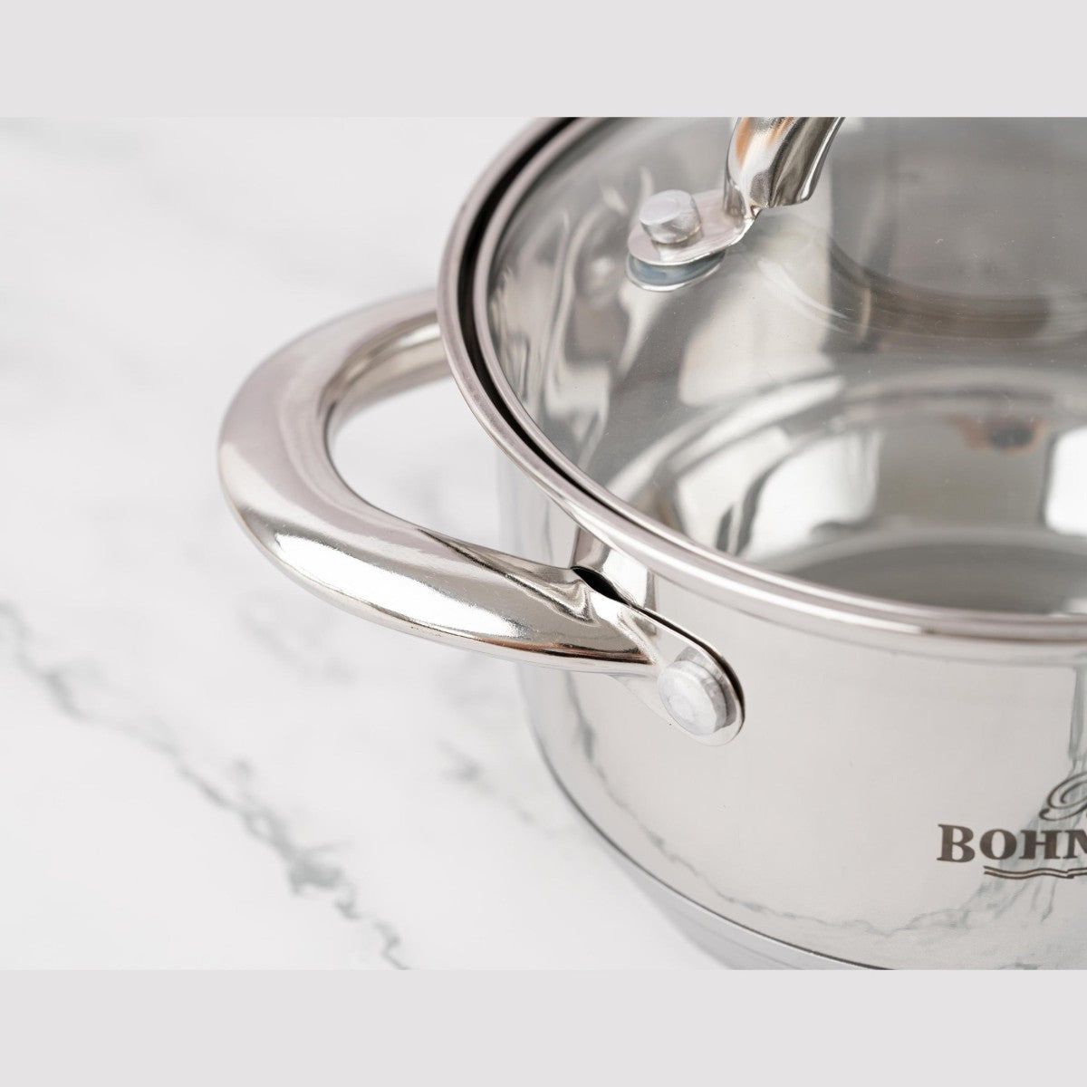Тенджера от неръждаема стомана 1000ml, 14x10cm Bohmann, стъклен капак, дебелина 5mm, всички източници на топлина,