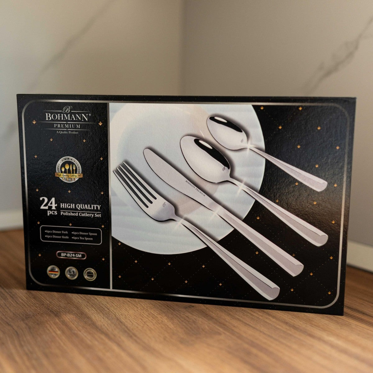 Комплект прибори Bohmann Premium – 24 части, неръждаема стомана, сребърен