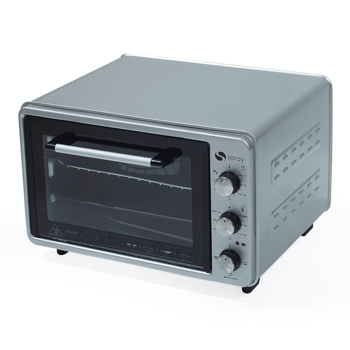 Електрическа фурна 50 литра, 230°C, 1300W, грил, кръгла тава, правоъгълна тава, Таймер 90мин, Автоматичен стоп, сива, Saray