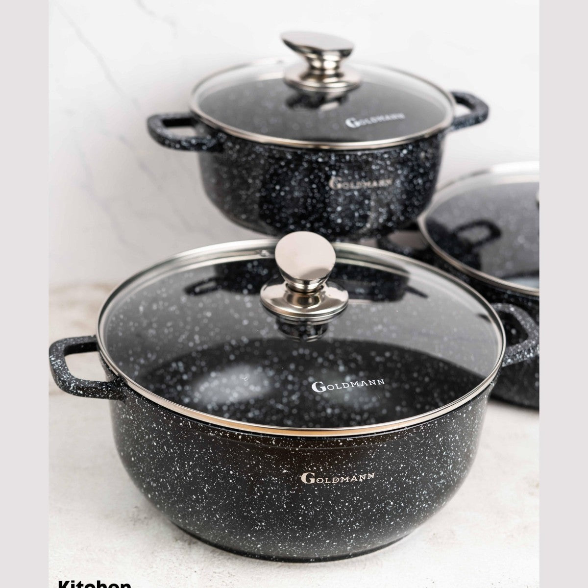 Комплект тенджери от 8 части, 20/24/28 cm, 2.3l 2.3l/4.5l/6.5l, лят алуминий, мраморна външна част, керамична вътрешност