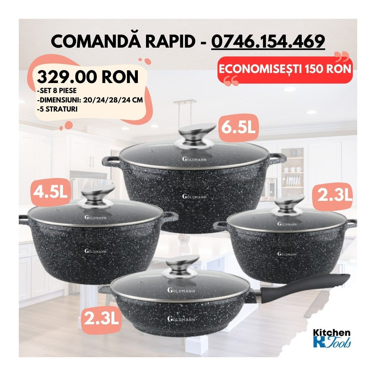 Комплект тенджери от 8 части, 20/24/28 cm, 2.3l 2.3l/4.5l/6.5l, лят алуминий, мраморна външна част, керамична вътрешност