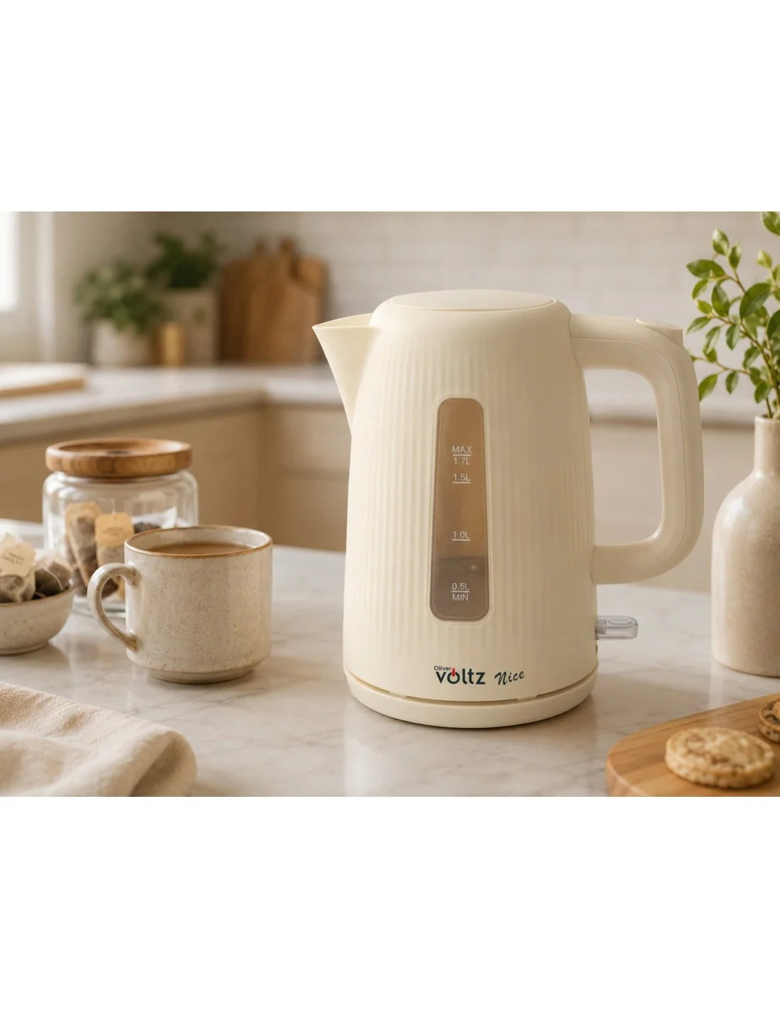Електрическа кана, 2200W, 1.7 литра, подвижен филтър, въртяща се основа, Oliver Voltz, Nice range, кремава