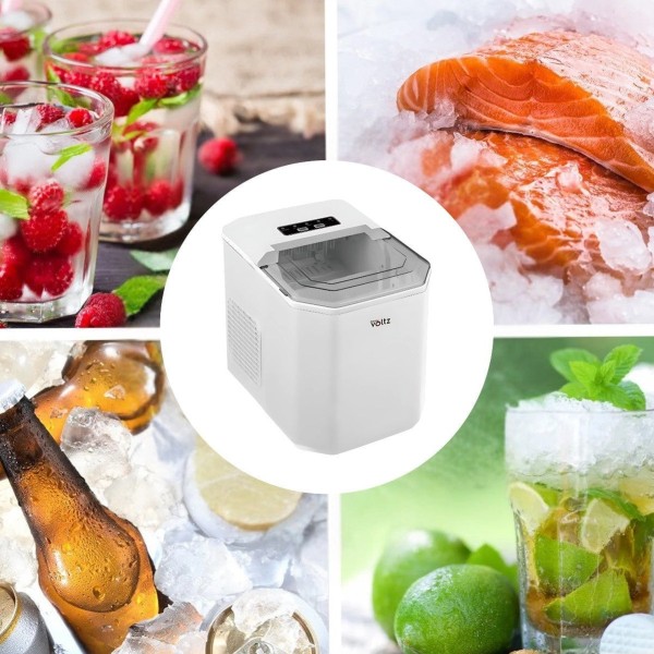 Ледогенератор Oliver Voltz OV51447B, 120W, 12 кг/24 часа, 1.3 л, 9 кубчета за цикъл работа, Индикатор за лед и вода, Бял