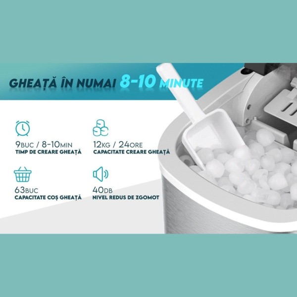 Ледогенератор Oliver Voltz, 12 кг/ден, 1.3 л,, 9 кубчета/серия, охлаждане с R600a, интелигентни индикатори, Bullet ice, сив