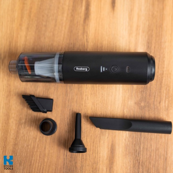 Безжична преносима прахосмукачка, 1800mAh, 100ml, 65W, HEPA филтър, засмукване/издухване, Rosberg, синя