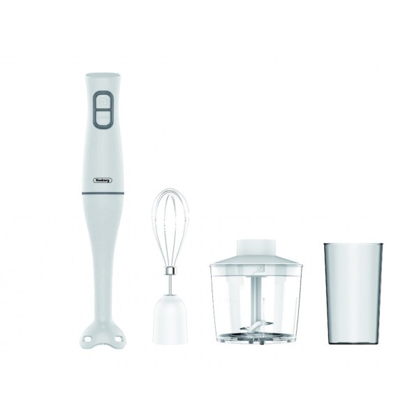 Комплект ръчен блендер 3 в 1, 350 W, 2 скорости, пластмасова дръжка, 700 мл кана, чопър, тел, Rosberg, бял