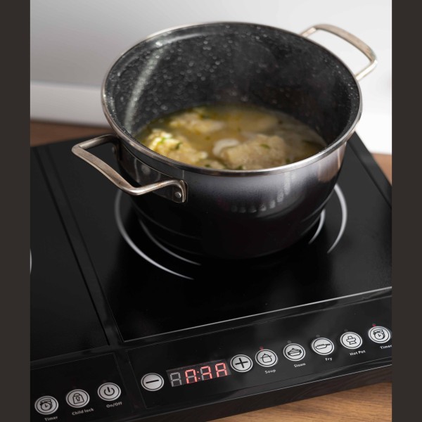 Двоен индукционен котлон Rosberg, 4000 W, 8 степени на мощност и температура, Защита, Черен