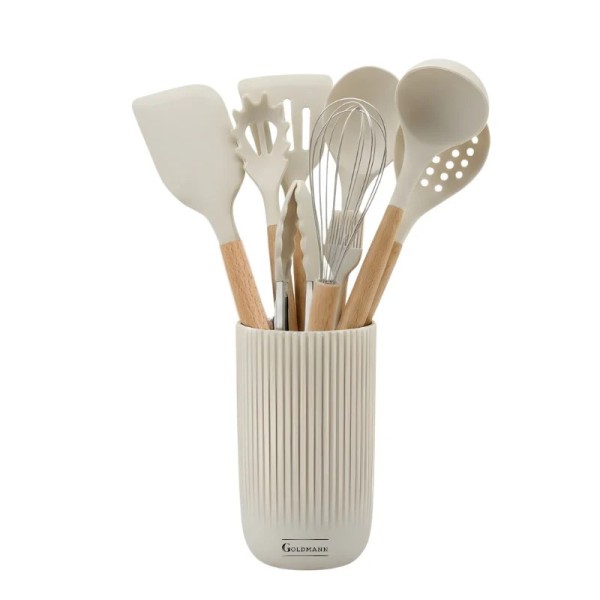 Силиконови кухненски прибори 10 части с дървени дръжки