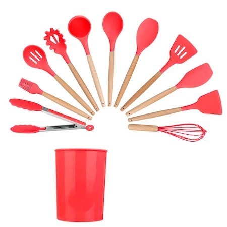 Комплект 11 кухненски прибора от дърво и силикон