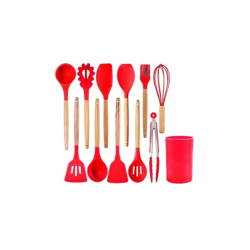 Комплект 11 кухненски прибора от дърво и силикон