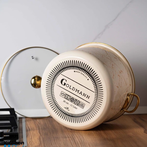 Емайлирана тенджера със стъклен капак, 28 x 19,8 см, 11 Л, титаниеви дръжки, индукция, Goldmann, бежова