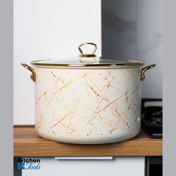 Емайлирана тенджера със стъклен капак, 28 x 19,8 см, 11 Л, титаниеви дръжки, индукция, Goldmann, бежова