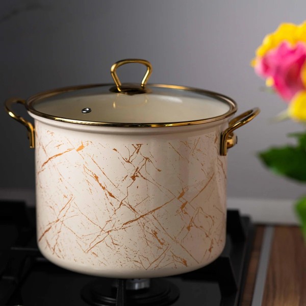 Емайлирана тенджера със стъклен капак, 28 x 19,8 см, 11 Л, титаниеви дръжки, индукция, Goldmann, бежова