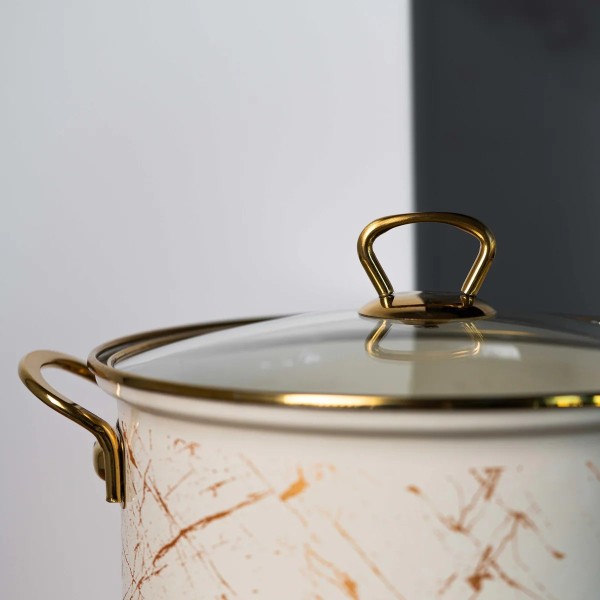 Емайлирана тенджера със стъклен капак, 28 x 19,8 см, 11 Л, титаниеви дръжки, индукция, Goldmann, бежова