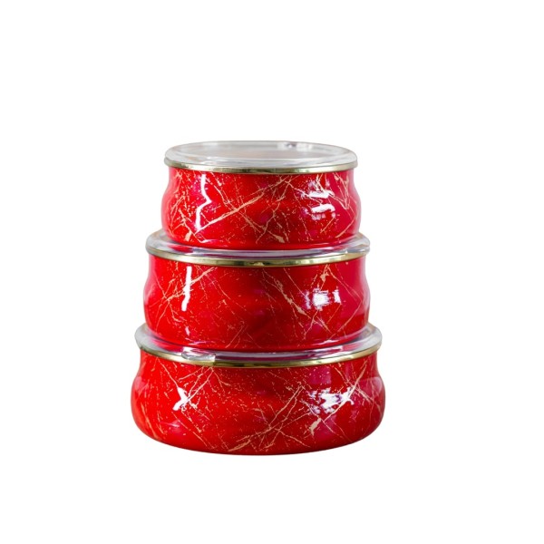 Комплект от 3 емайлирани купи с капак, 0.8/1.3/1.8 литра, индукция, готвене на фурна/котлон, стомана, Goldmann, червени