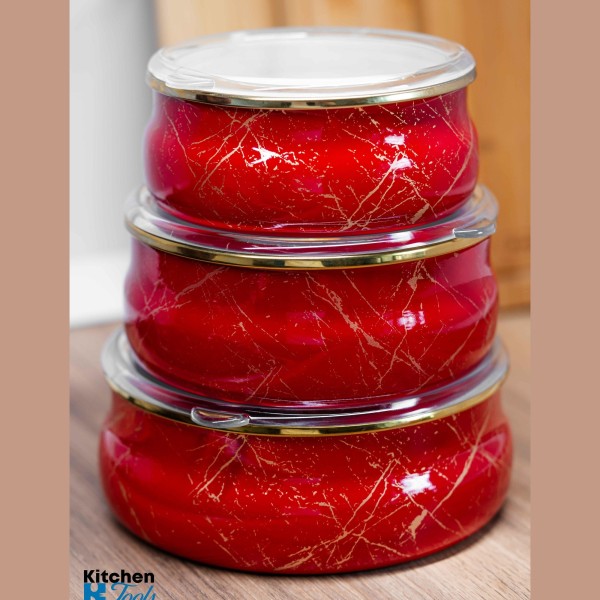 Комплект от 3 емайлирани купи с капак, 0.8/1.3/1.8 литра, индукция, готвене на фурна/котлон, стомана, Goldmann, червени