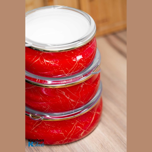 Комплект от 3 емайлирани купи с капак, 0.8/1.3/1.8 литра, индукция, готвене на фурна/котлон, стомана, Goldmann, червени