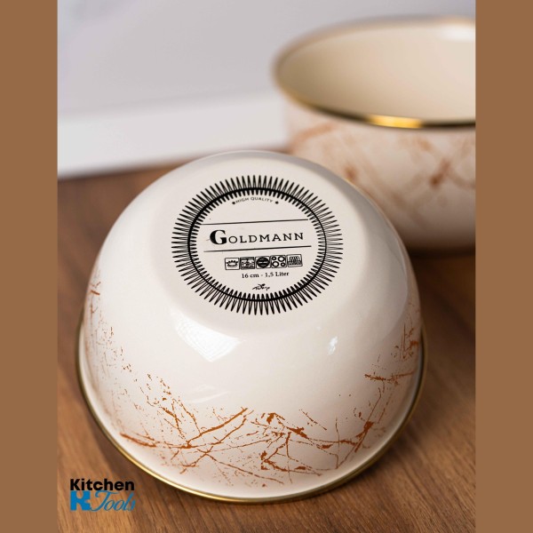 Емайлирана купа за съхранение/готвене, 16x8,5 см, вместимост 1,5 литра, хромиран ръб, Goldmann, бежово