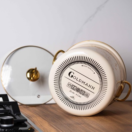 Емайлирана тенджера със стъклен капак, 22 x 18 см, 6 л, титаниеви дръжки, включително индукционна, Goldmann, бежова