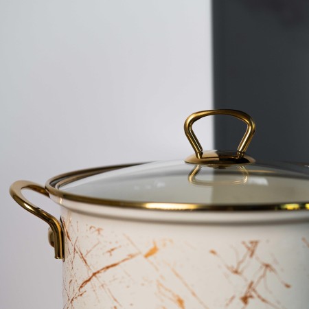 Емайлирана тенджера със стъклен капак, 22 x 18 см, 6 л, титаниеви дръжки, включително индукционна, Goldmann, бежова