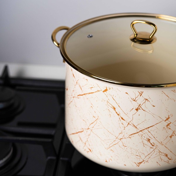 Емайлирана тенджера със стъклен капак, 22 x 18 см, 6 л, титаниеви дръжки, включително индукционна, Goldmann, бежова