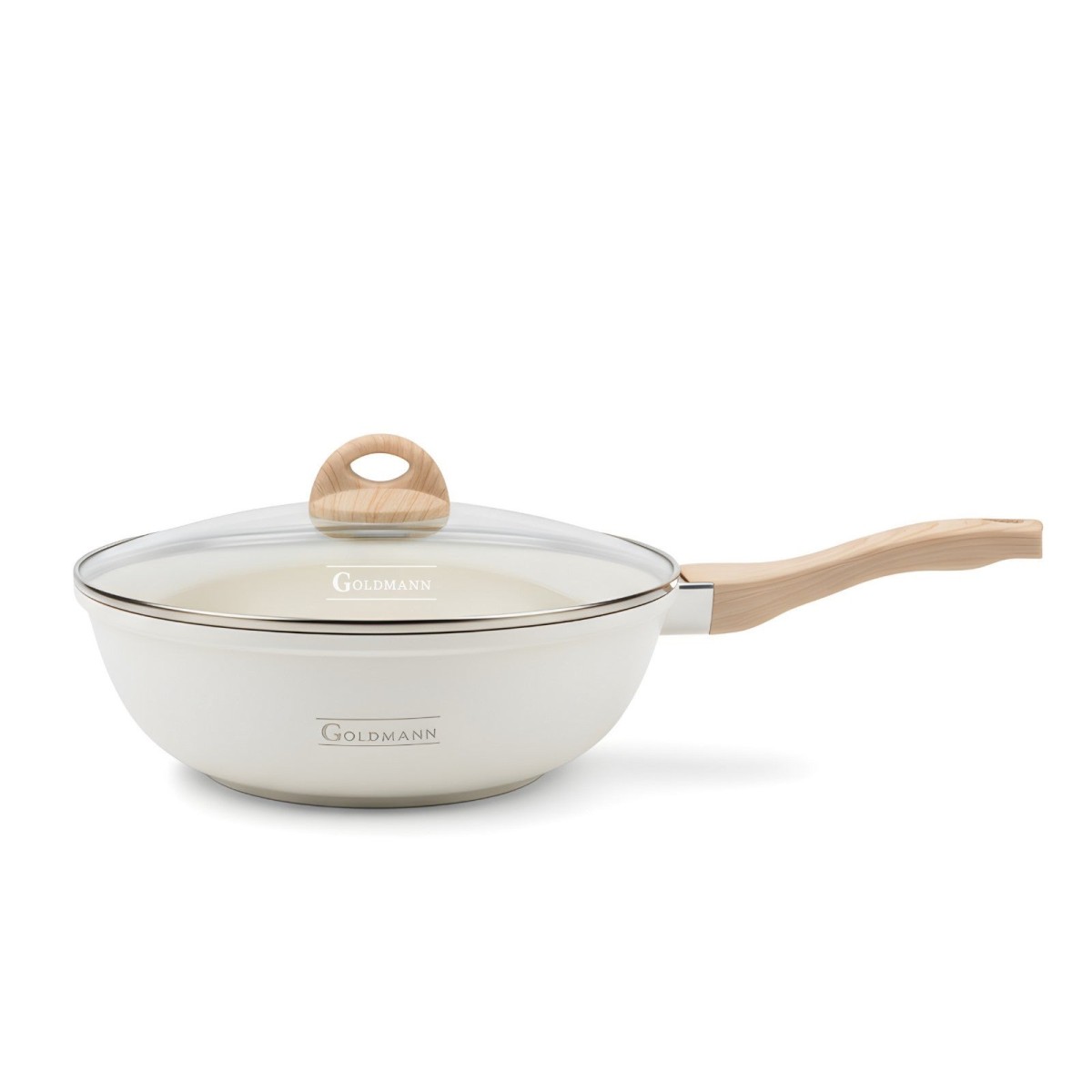 Уок тиган Goldmann, лят алуминий, 30x9.5 см, термоустойчив капак, керамично покритие, мека дръжка, Крем