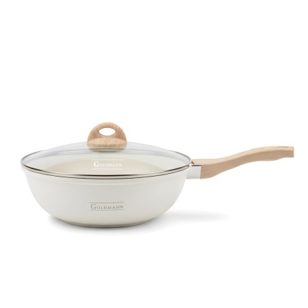 Уок тиган Goldmann, лят алуминий, 30x9.5 см, термоустойчив капак, керамично покритие, мека дръжка, Крем