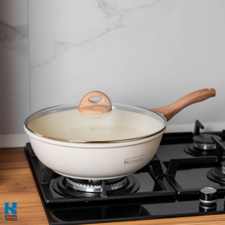 Уок тиган Goldmann, лят алуминий, 30x9.5 см, термоустойчив капак, керамично покритие, мека дръжка, Крем