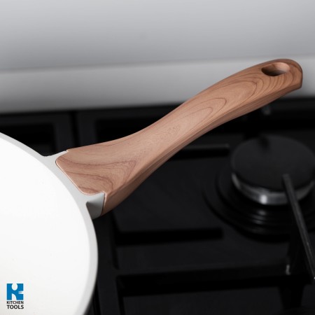 Уок тиган Goldmann, лят алуминий, 30x9.5 см, термоустойчив капак, керамично покритие, мека дръжка, Крем