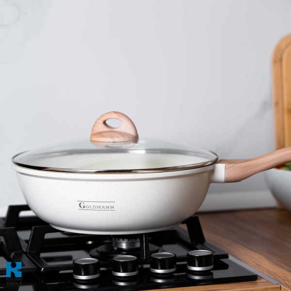 Уок тиган Goldmann, лят алуминий, 30x9.5 см, термоустойчив капак, керамично покритие, мека дръжка, Крем