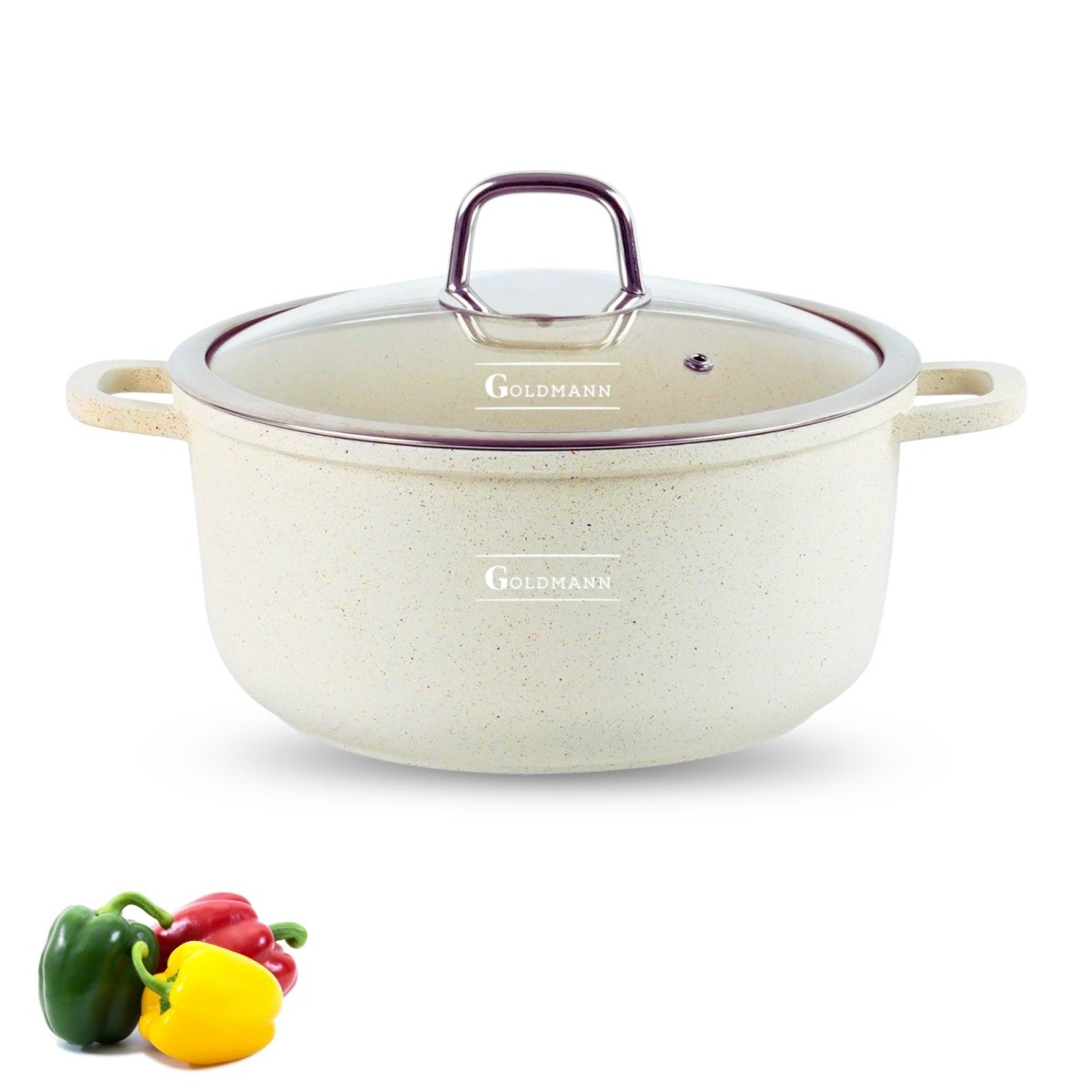 Тенджера с незалепващо мраморно покритие 4.5 л, 24x11.5 см, лят алуминий, включително индукционна, стъклен капак, Goldmann