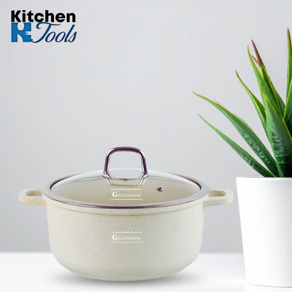 Тенджера с незалепващо мраморно покритие 4.5 л, 24x11.5 см, лят алуминий, включително индукционна, стъклен капак, Goldmann