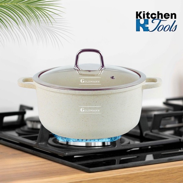 Тенджера с незалепващо мраморно покритие 6.5 л, 28x12.5 см, лят алуминий, включително индукционна, стъклен капак, Goldmann