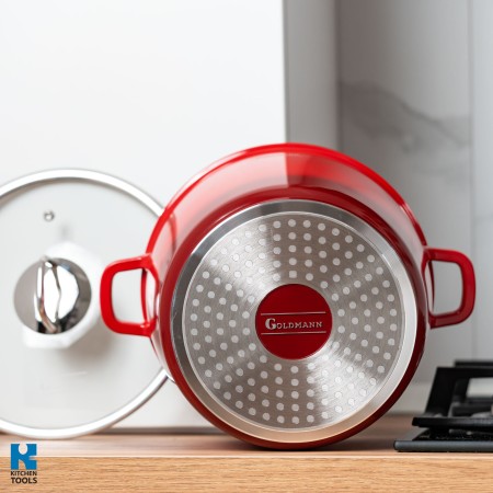 ЧЕРВЕНА Мраморна незалепваща тенджера, 24x16.5 см, 6.2 литра, Goldmann, термоустойчив капак