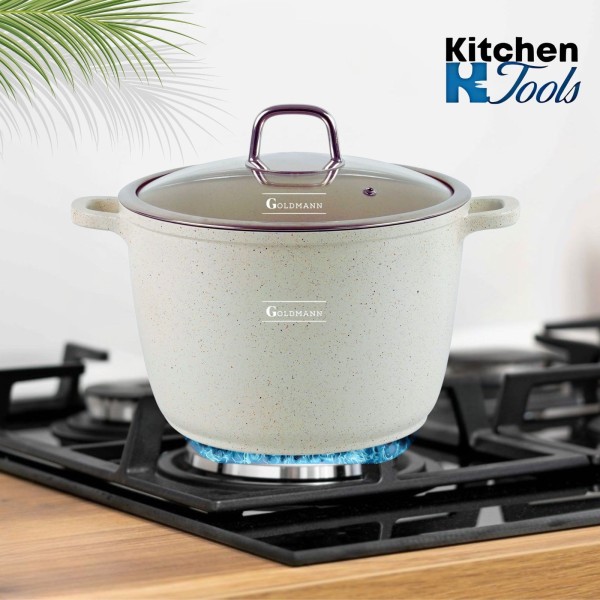 Тенджера от лят алуминий, 28x20 см, 10 литра, Goldmann, НЕЗАЛЕПВАЩО МРАМОРНО ПОКРИТИЕ, термоустойчив капак