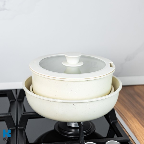 Комплект съдове за готвене Goldmann GM-1005, 1.9 л/3.5 л/3.9 л, 5 части, мраморна вътрешност, подвижна дръжка