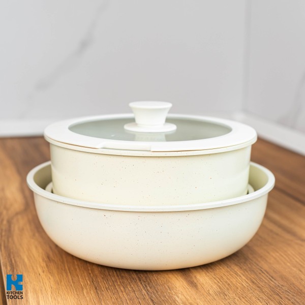 Комплект съдове за готвене Goldmann GM-1005, 1.9 л/3.5 л/3.9 л, 5 части, мраморна вътрешност, подвижна дръжка