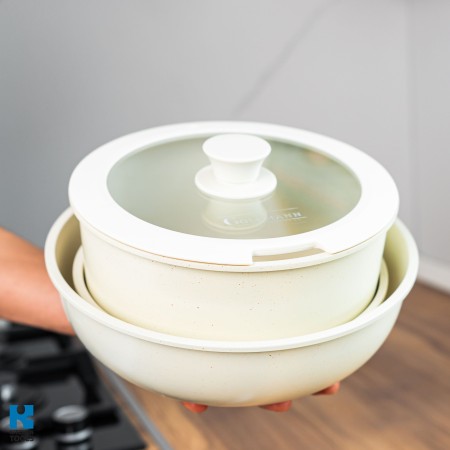 Комплект съдове за готвене Goldmann GM-1005, 1.9 л/3.5 л/3.9 л, 5 части, мраморна вътрешност, подвижна дръжка