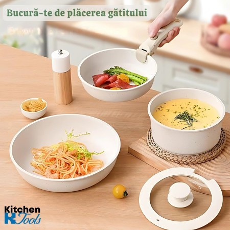 Комплект съдове за готвене Goldmann GM-1005, 1.9 л/3.5 л/3.9 л, 5 части, мраморна вътрешност, подвижна дръжка