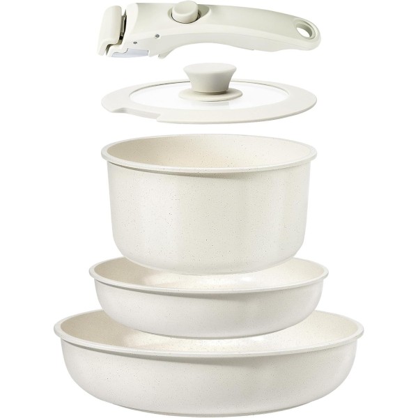 Комплект съдове за готвене Goldmann GM-1005, 1.9 л/3.5 л/3.9 л, 5 части, мраморна вътрешност, подвижна дръжка