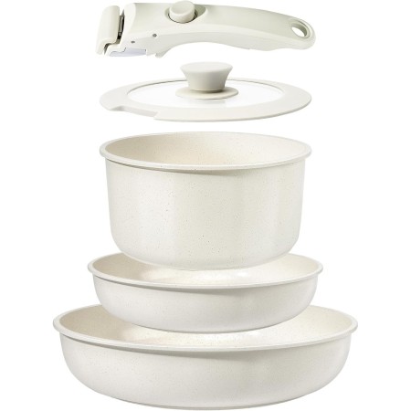Комплект съдове за готвене Goldmann GM-1005, 1.9 л/3.5 л/3.9 л, 5 части, мраморна вътрешност, подвижна дръжка