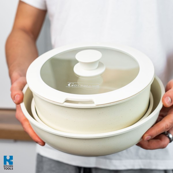Комплект съдове за готвене Goldmann GM-1005, 1.9 л/3.5 л/3.9 л, 5 части, мраморна вътрешност, подвижна дръжка