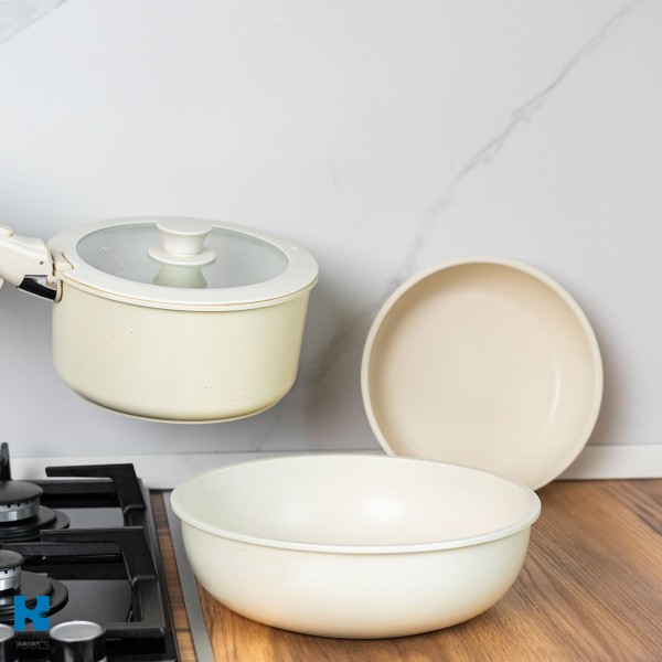 Комплект съдове за готвене Goldmann GM-1005, 1.9 л/3.5 л/3.9 л, 5 части, мраморна вътрешност, подвижна дръжка