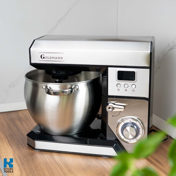 Планетарен миксер, 2200 W, купа от неръждаема стомана 8,5 л, 5 аксесоара, 6 скорости, таймер, GOLDMANN, сив