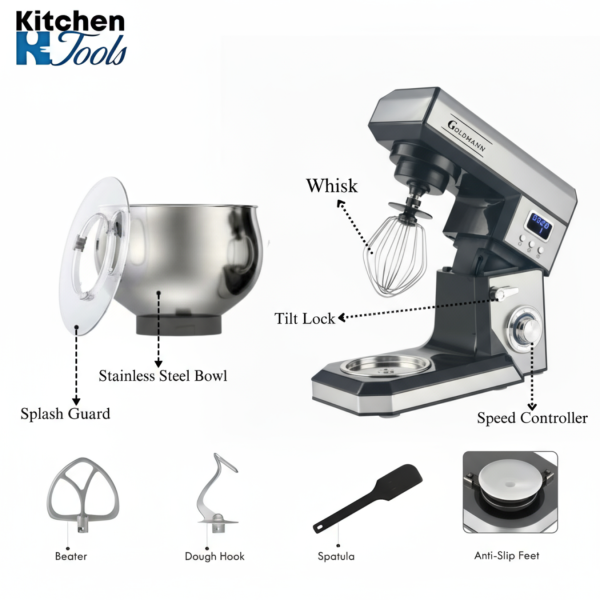 Планетарен миксер, 2200 W, купа от неръждаема стомана 8,5 л, 5 аксесоара, 6 скорости, таймер, GOLDMANN, сив