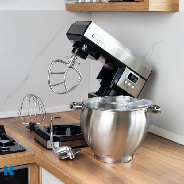 Планетарен миксер, 2200 W, купа от неръждаема стомана 8,5 л, 5 аксесоара, 6 скорости, таймер, GOLDMANN, сив